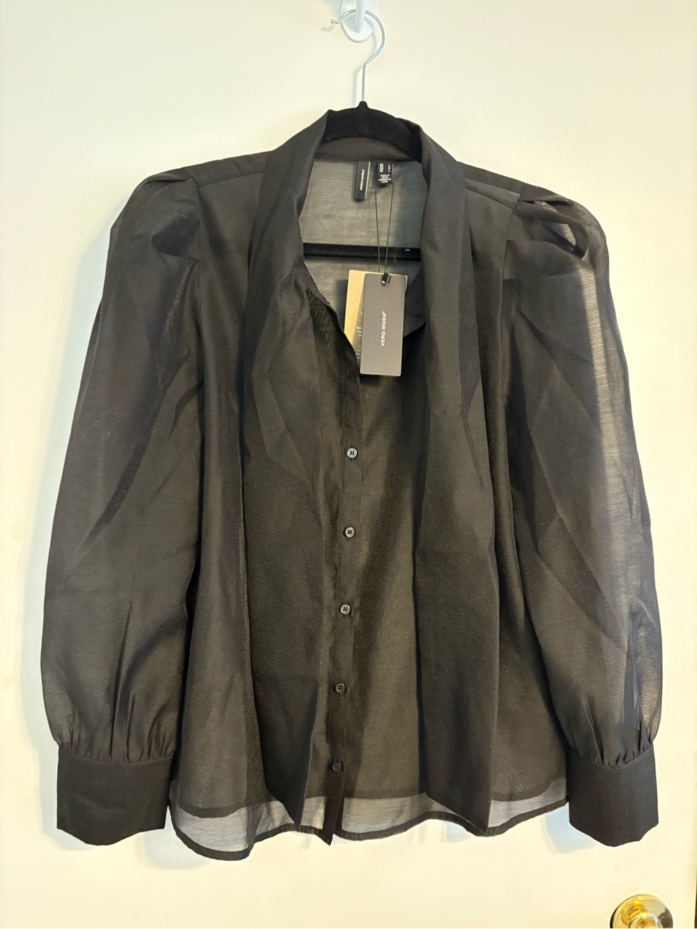 Vero Moda Black Semi-Sheer Button Blouse with Scarf Collar - Picture 1 of 8